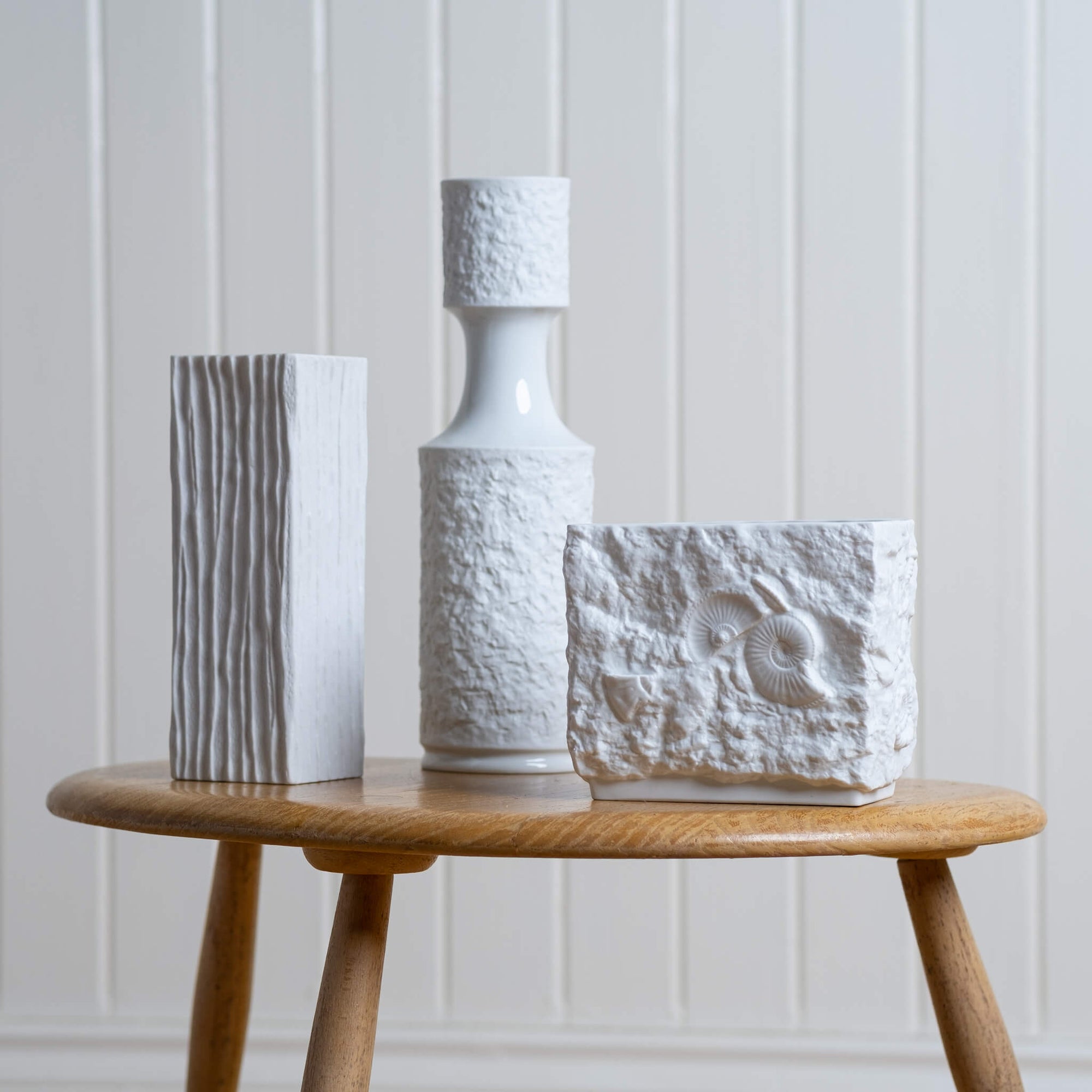 Group of three Vintage Op Art Textured Vases with white matt bisque glaze